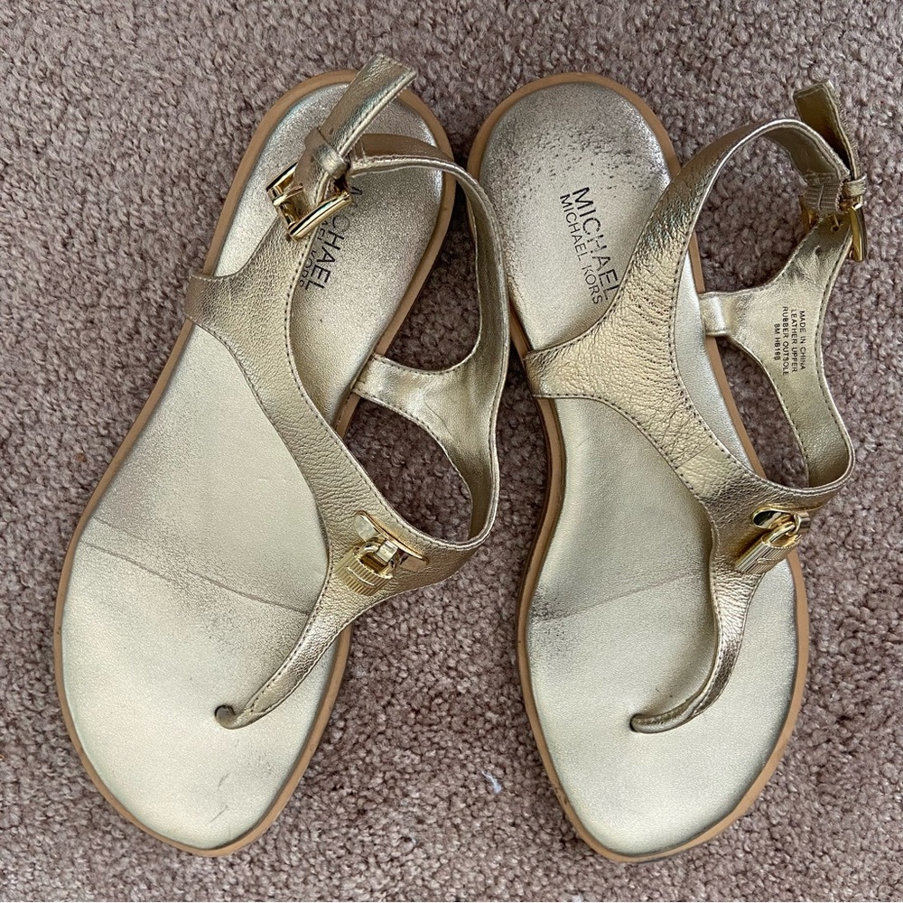 Michael Kors Lock Charm Leather Thong Sandals Gold Champagne